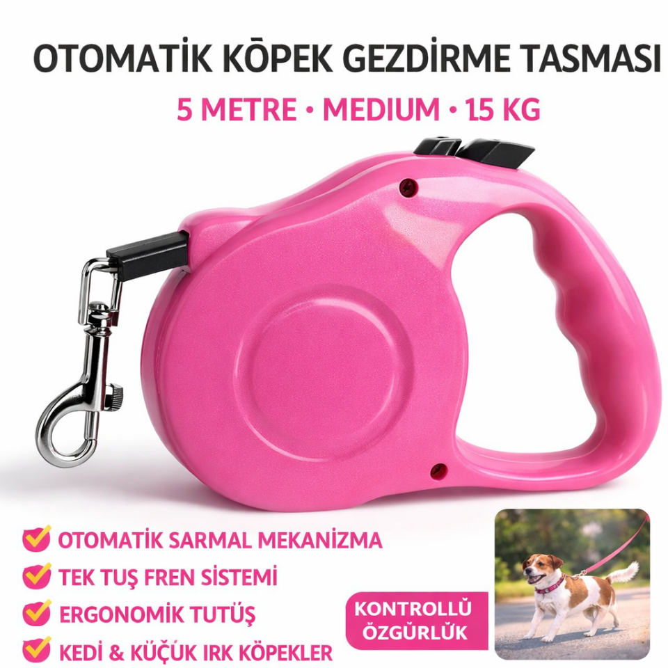 Otomatik Köpek Gezdirme Tasması 5 Metre Medium 15 kg Pembe Kilitli Makaralı Şerit