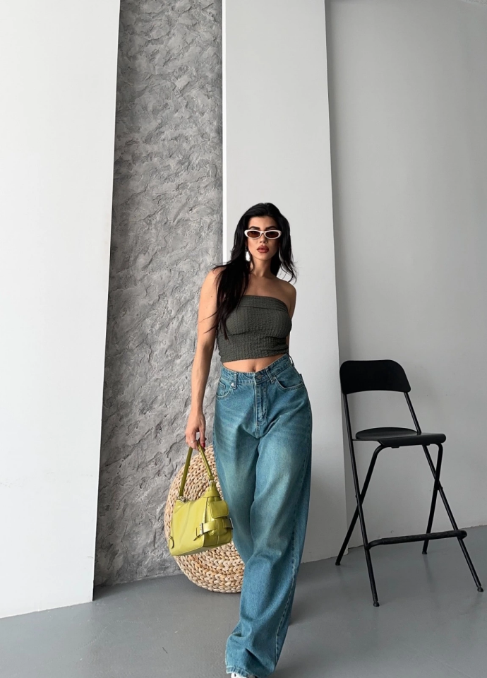 Baggy taş enzim bıyık yıkama jeans pantolon yeşil tint d2007 42 - Yeşil