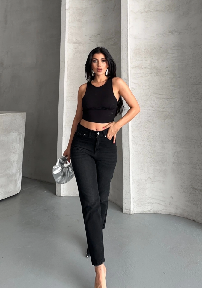 Mom fit enzim bıyıklı taş yıkama jeans pantolon siyah d2006 36 - Siyah