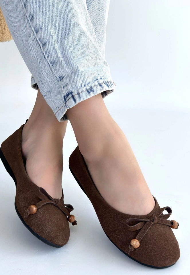 Cear Kahverengi Deri Tozu Süet Babet Ayakkabı