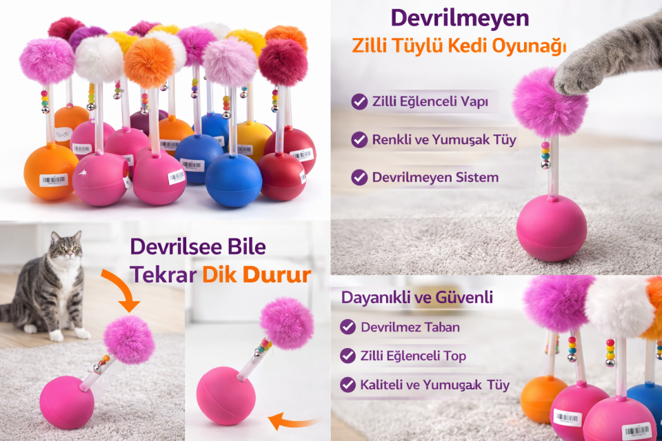 Dev Hacıyatmaz Devrilmeyen Kedi Oyuncağı XXL 33 CM Tüylü Zilli Oyuncak 1 Adet