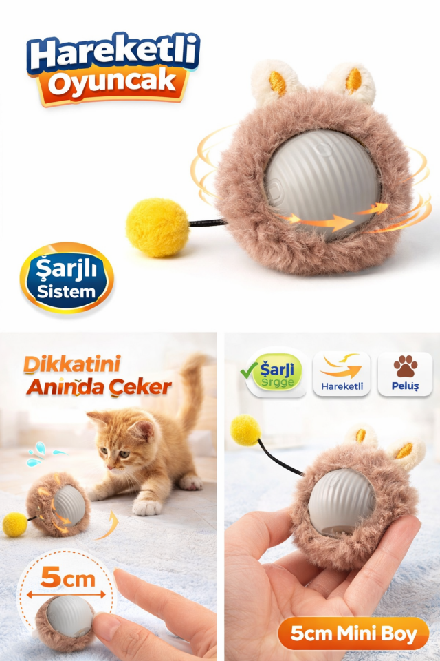 KP Şarjlı Hareketli Peluş Kedi Oyuncağı Kuyruklu 5 cm – İnteraktif Titreşimli Hareketli Top