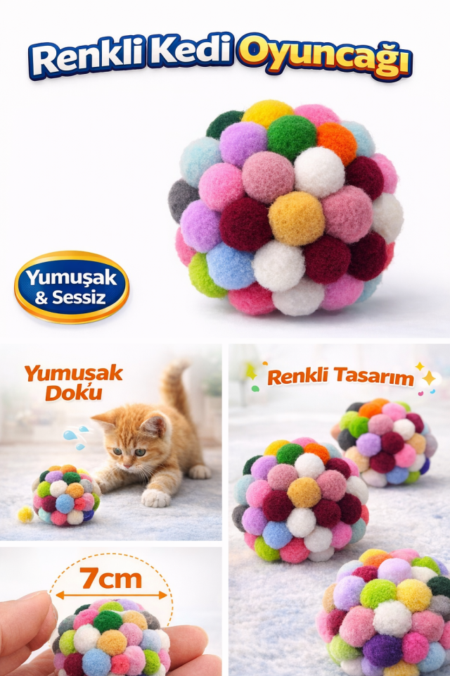 Renkli Ponpon Kedi Oyuncak Topu 7 cm  ( 2 Adet ) – Yumuşak Sessiz Kedi Oyun Topu