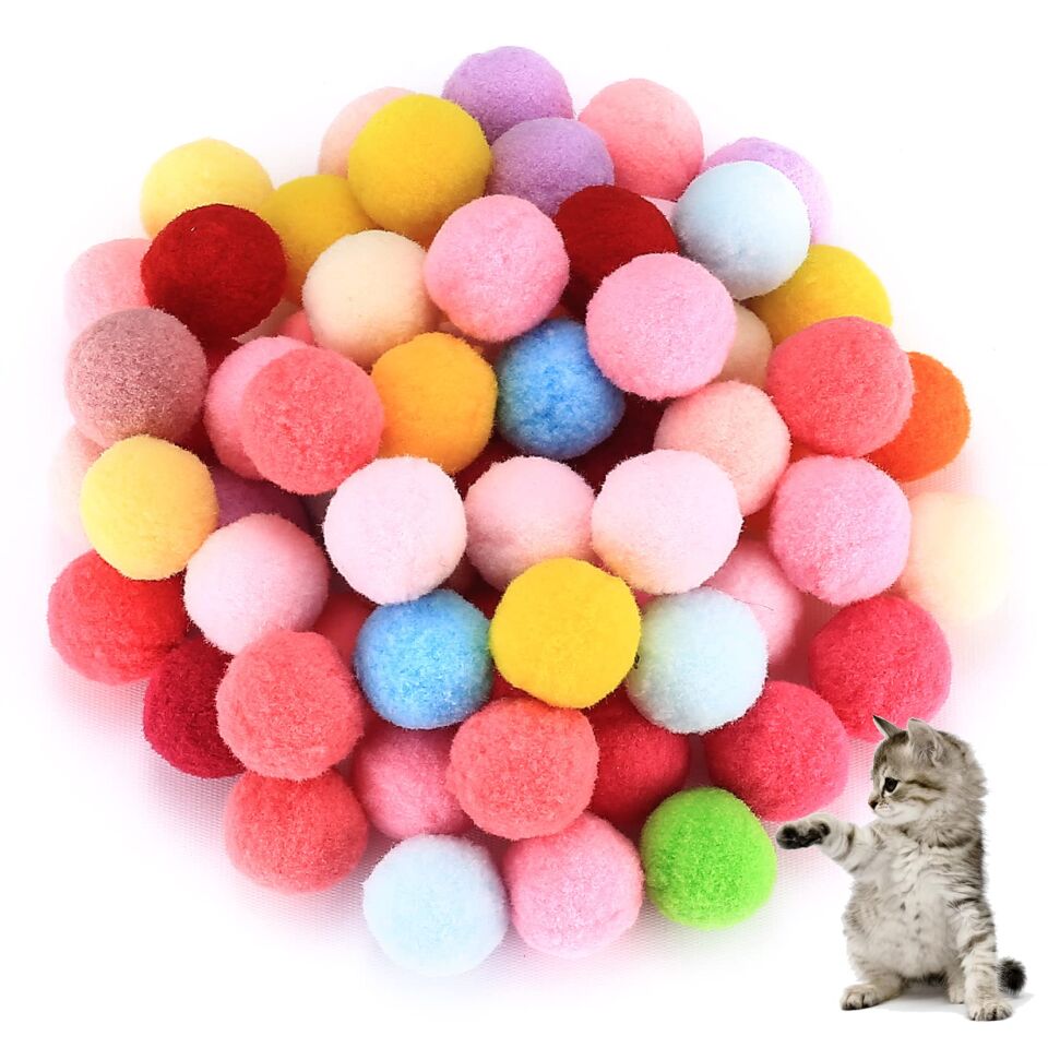 Mini Ponpon Kedi Oyuncak Topu 5 cm ( 2 Adet ) – Yumuşak Renkli Sessiz Kedi Oyun Topu