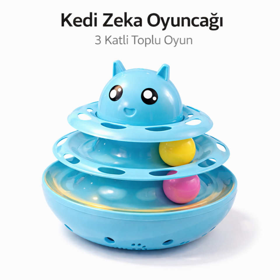 Hacıyatmaz Kedi Oyuncağı 3 Katlı Toplu Zeka Oyuncağı 20x21 cm – Devrilmez Interaktif Mama Oyuncağı