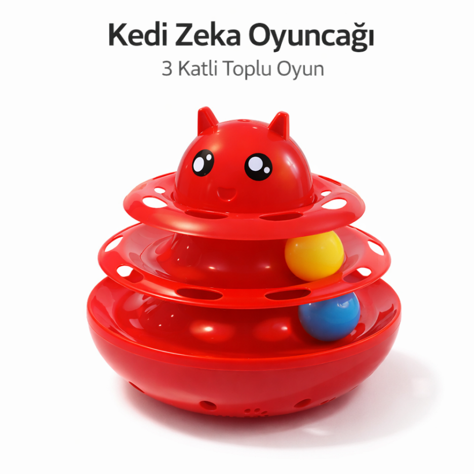 Hacıyatmaz Kedi Oyuncağı 3 Katlı Toplu Zeka Oyuncağı 20x21 cm – Devrilmez Interaktif Mama Oyuncağı