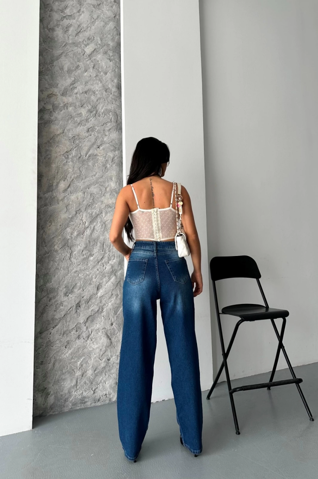 Baggy süper taş bıyık yıkama koyu mavi jeans pantolon d2007 42 - Mavi