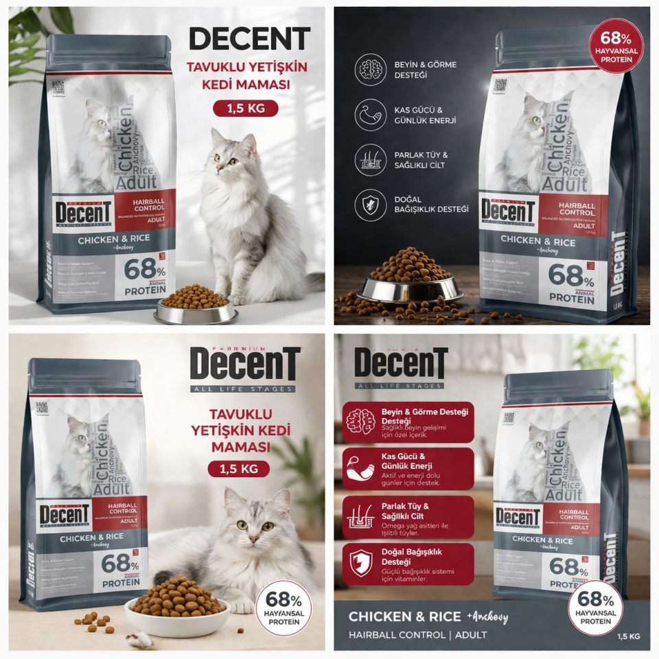 Decent Tavuklu Yetişkin Kedi Maması 1,5 Kg Hairball Control Tavuk & Pirinç Yetişkin Kedi Maması
