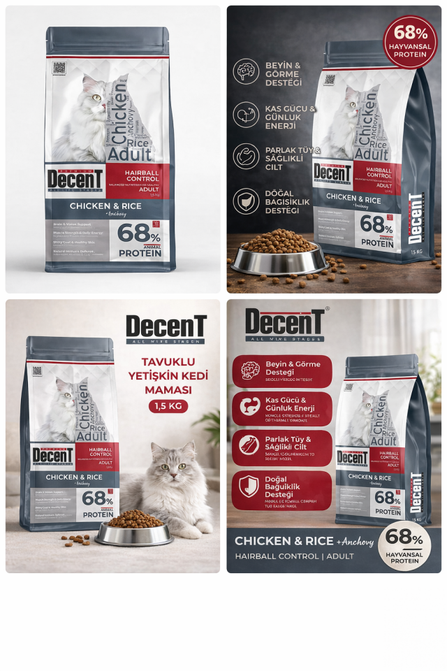 Decent Tavuklu Yetişkin Kedi Maması 1,5 Kg Hairball Control Tavuk & Pirinç Yetişkin Kedi Maması