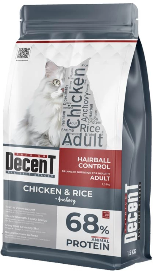 Decent Tavuklu Yetişkin Kedi Maması 1,5 Kg Hairball Control Tavuk & Pirinç Yetişkin Kedi Maması