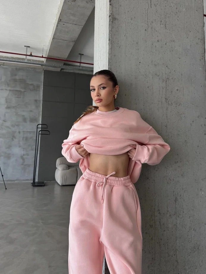 3 iplik şardonlu Lastik paça eşofman pembe p510439 S - Pembe