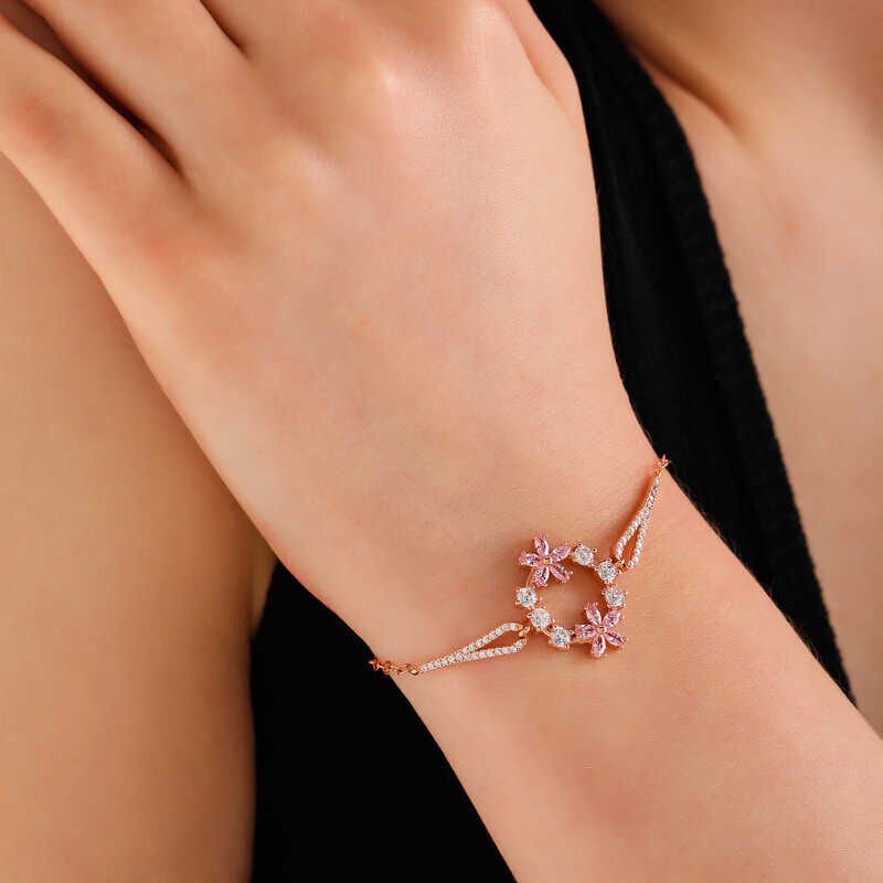 925 Ayar Gümüş Rose Pembe Çiçek Kadın Bileklik T7991 (1077)