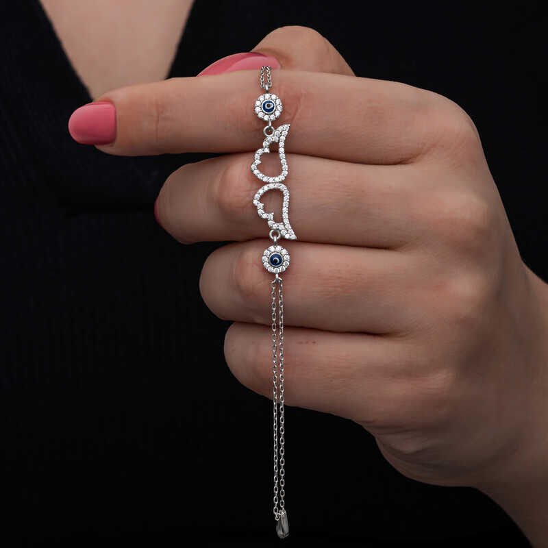 925 Ayar Gümüş Nazarlı Melek Kanadı Kadın Bileklik T8557 (1077)