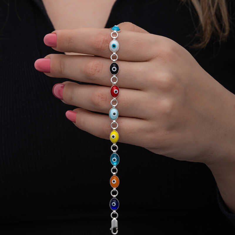 925 Ayar Gümüş Renkli Nazar Mineli Kadın Bileklik T8562 (1077)