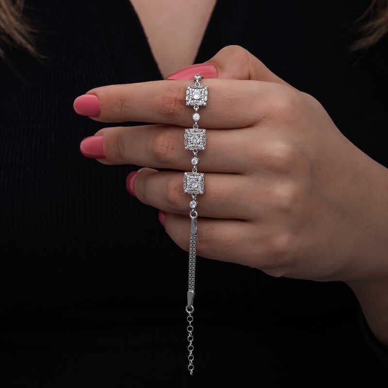 ​925 Ayar Gümüş Baget Taşlı Kadın Bileklik T8563 (1077)