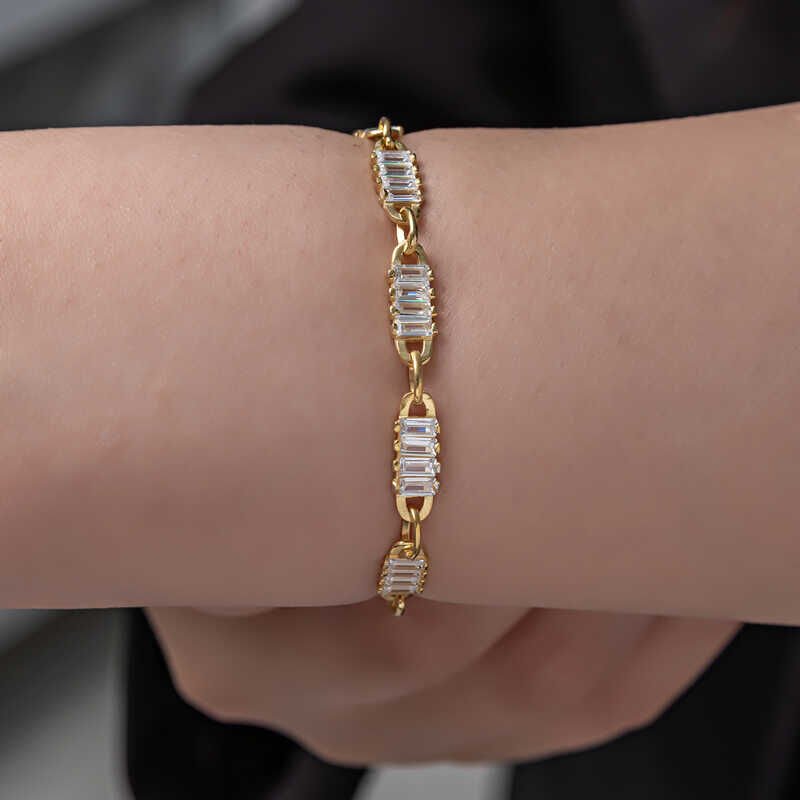 925 Ayar Gümüş Gold Baget Taşlı Kadın Bileklik T8080 (1077)