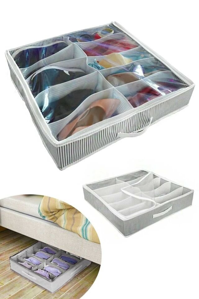 Ayakkabı Saklama Çantası 12 Bölmeli Shoes Under Ayakkabı Hurcu  Siyah Beyaz (1077)