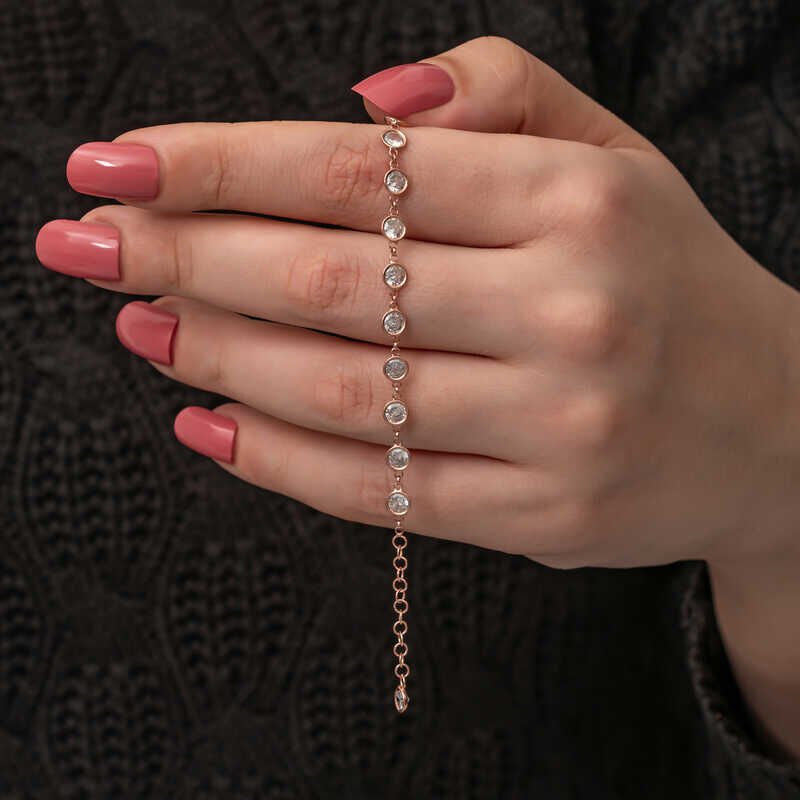 925 Ayar Gümüş Rose Beyaz Taşlı Kadın Bileklik T8730 (1077)