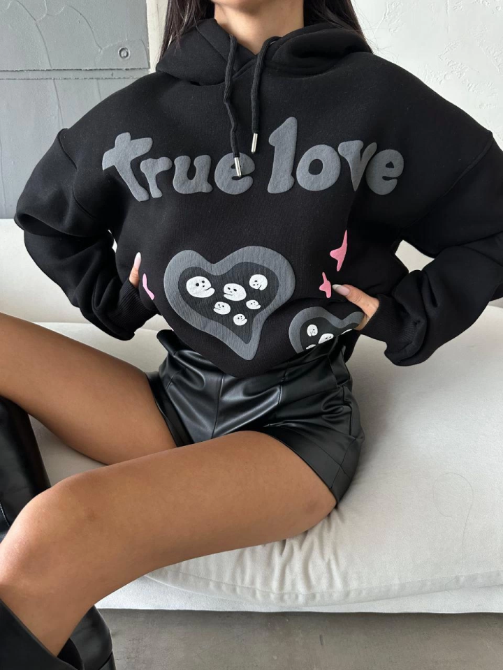 3 iplik şardonlu oversize true baskılı sweat siyah M - Siyah