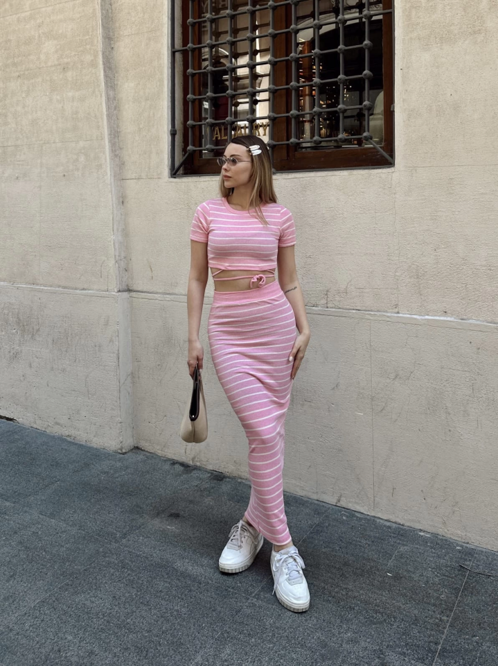 Çizgili etekli takım pembe s3609 L - Pembe