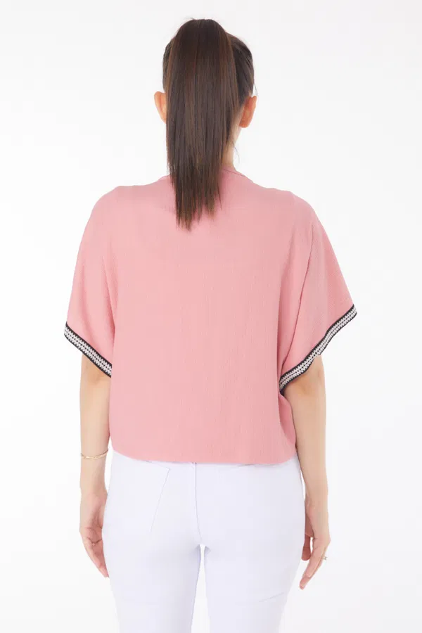 V yaka büzgülü detaylı bluz S - Pembe