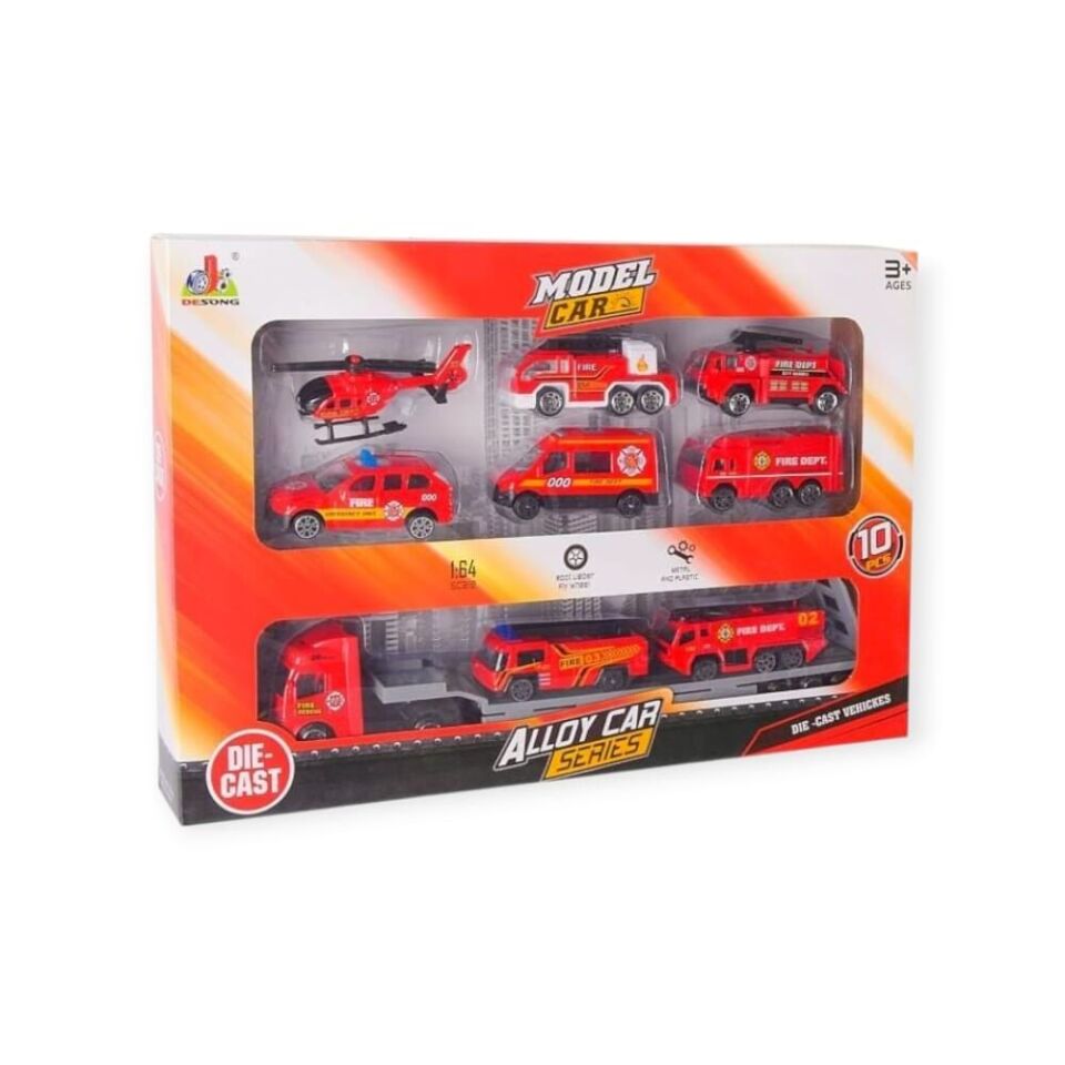 10 Parça Araç Taşıyan Tır Seti - Die Cast - DS047 - İtfaiye