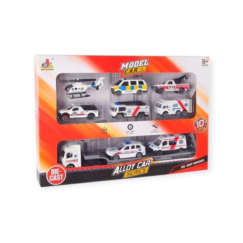 10 Parça Araç Taşıyan Tır Seti - Die Cast - DS047 - Ambulans