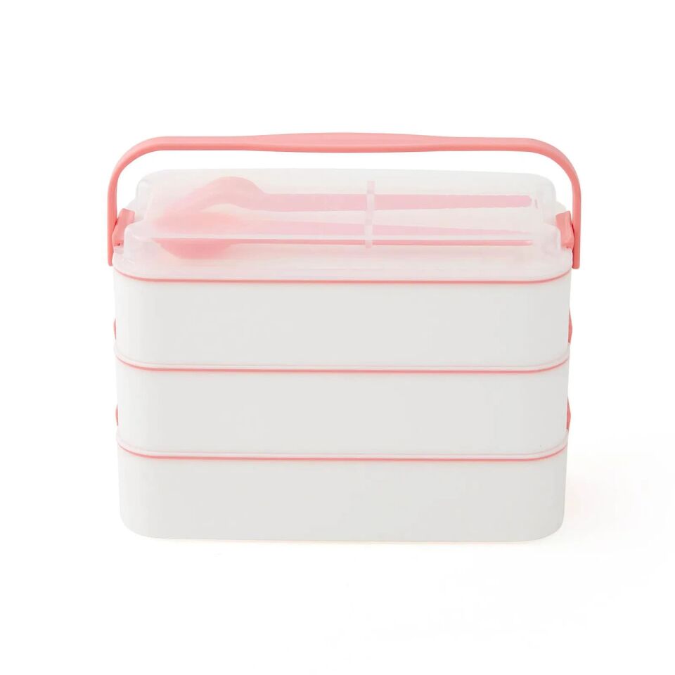 3 Katlı Kulplu Beslenme Kabı Diyet Sefer Tası Saklama Kabı Çatal Kaşıklı (1077)