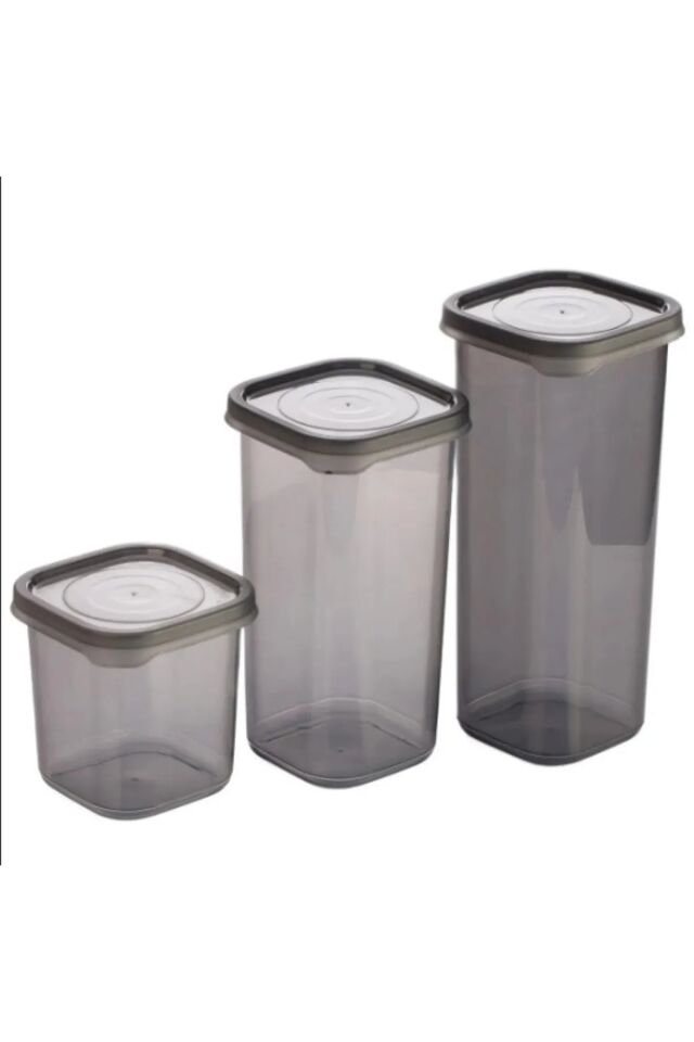 3 Adet 3 Boy Siyah Saydam Plastik Kavanoz Saklama Kabı Kapaklı Kare Model (1077)