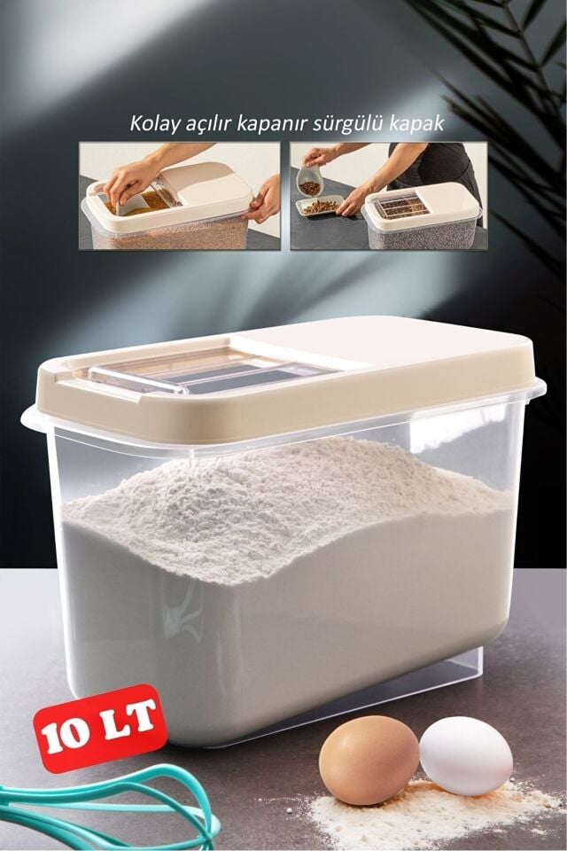 Sürgülü Kapaklı 10 Lt Erzak Bakliyat Un Şeker Saklama Kabı (1077)