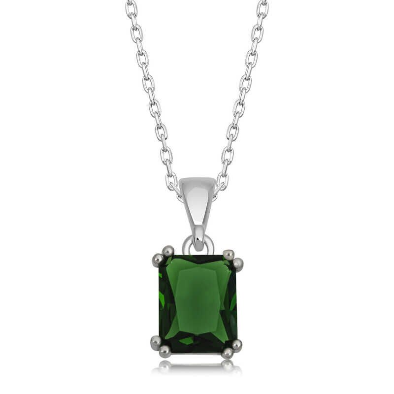 925 Ayar Gümüş Yeşil Kristal Kare Taşlı Kadın Gümüş Kolye T6909 (1077)