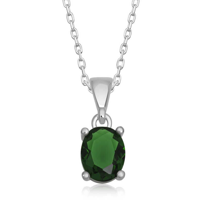 925 Ayar Gümüş Yeşil Kristal Oval Taşlı Kadın Gümüş Kolye T6908 (1077)
