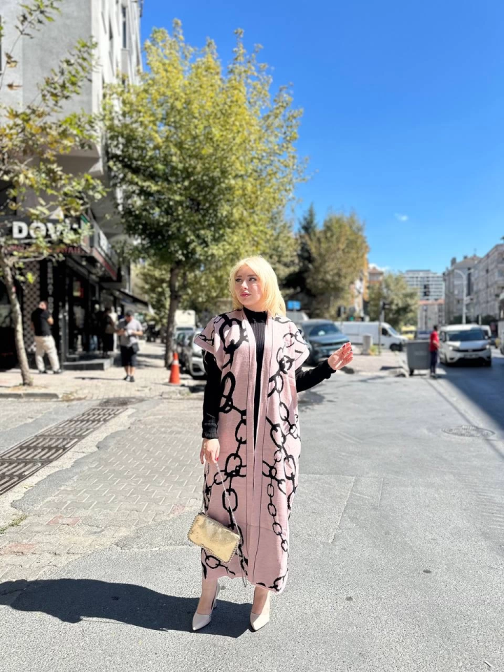Siyah çizgi desenli elbiseli hırka takım pudra siyah Standart - Siyah