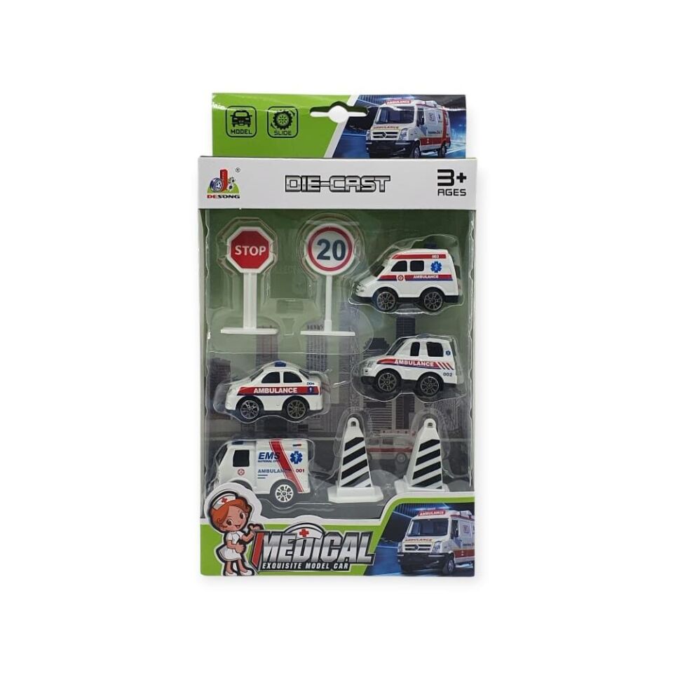 İş Makinaları 8 Parça Araç Seti - Ambulans Seti