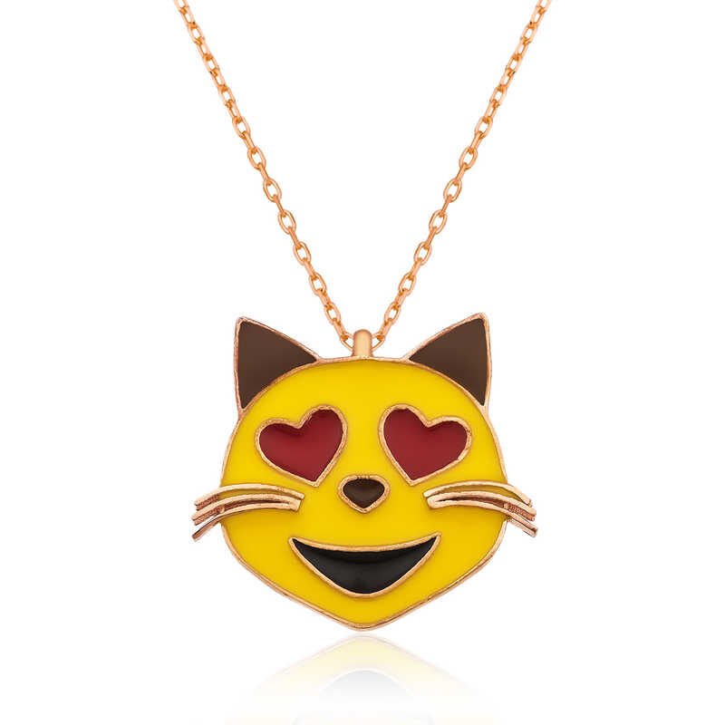 925 Ayar Gümüş Kalp Gözlü Kedi Emoji Kadın Gümüş Kolye Pt2610802 (1077)