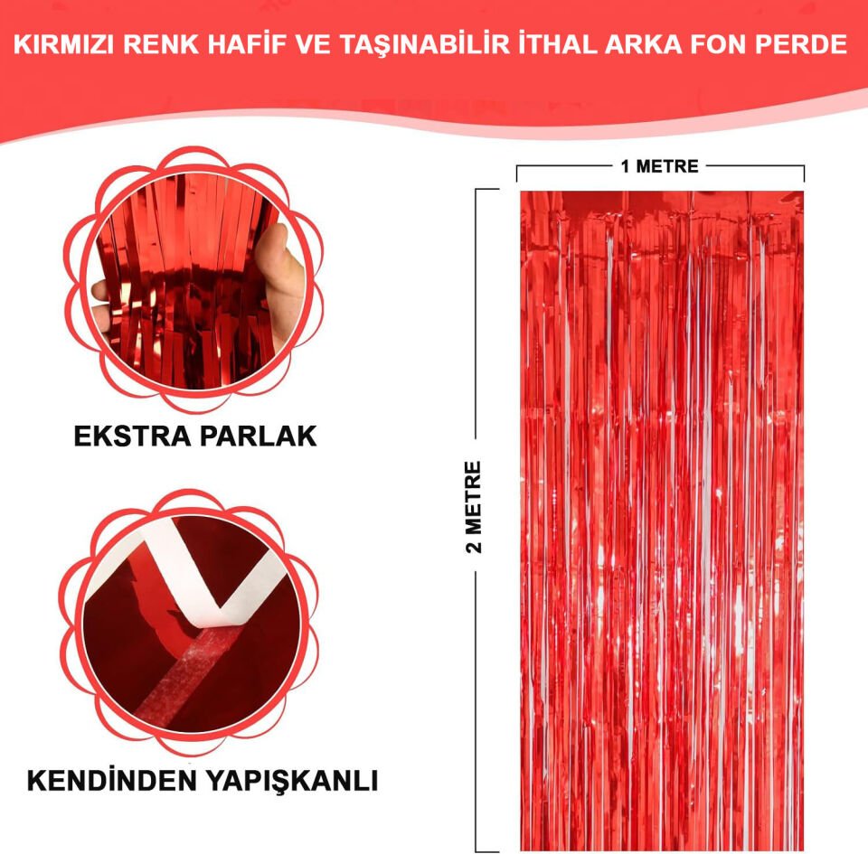 Ekstra Metalize Parlak Saçaklı Arka Fon Perde Kırmızı