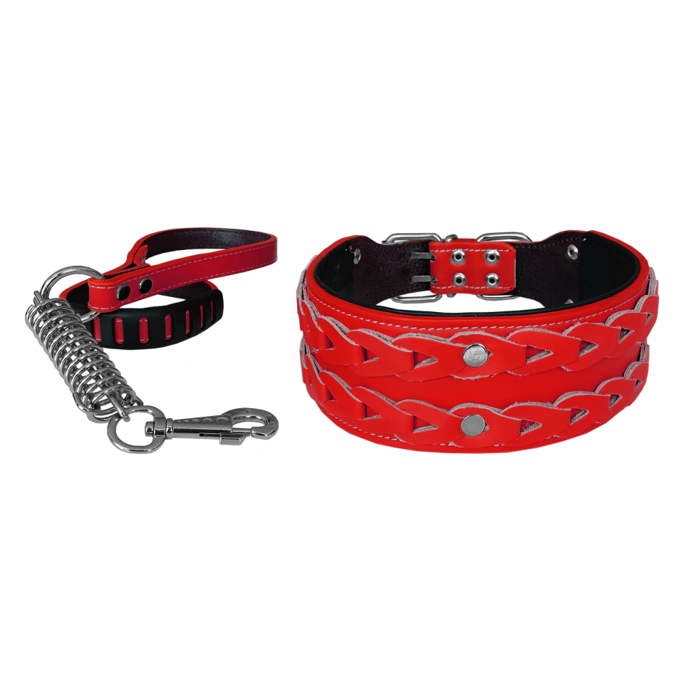 Markapet Elegance Deri İşlemeli Lüks Köpek Tasma Seti XL 7 cm*60-68 cm Kırmızı